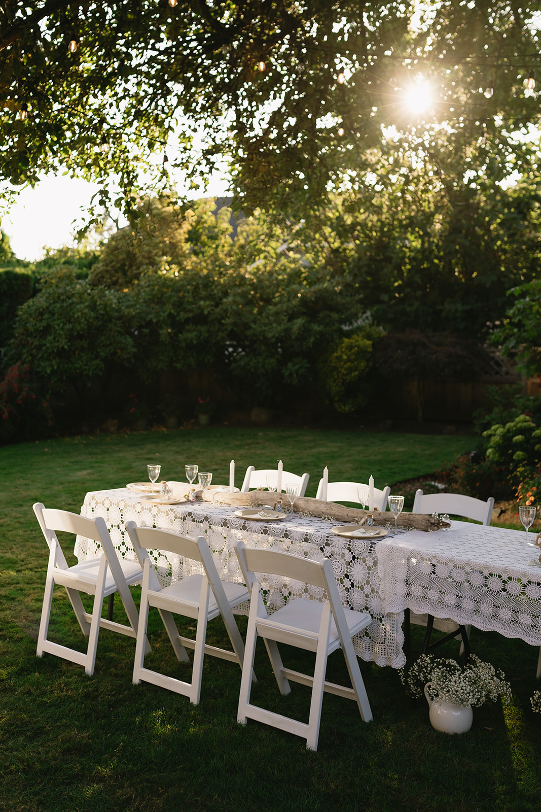 Dinner table set beautifully at backyard wedding in Victoria, BC